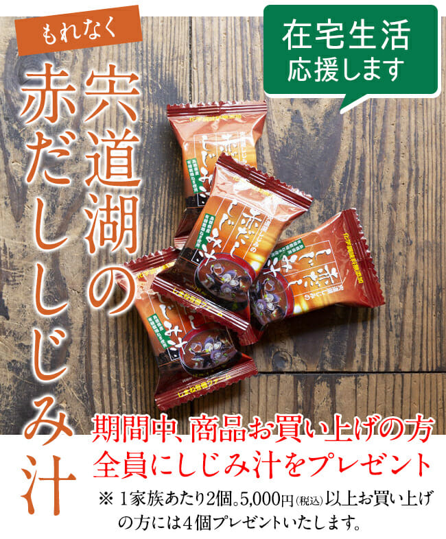 4月末日まで、商品をお買い上げの方全員にもれなく赤だししじみ汁をプレゼント!